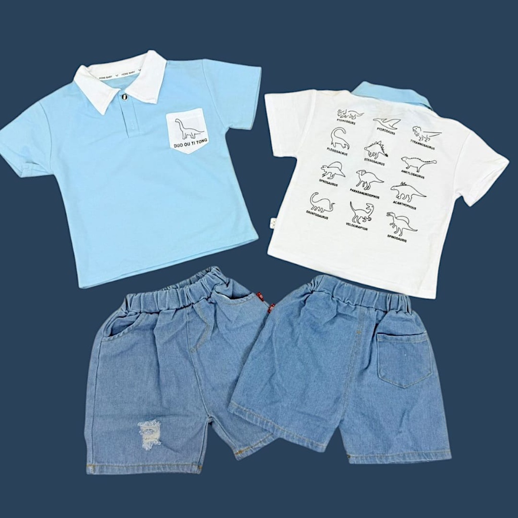 طقم بلوزة مع شورت جينز برسمة ديناصورات