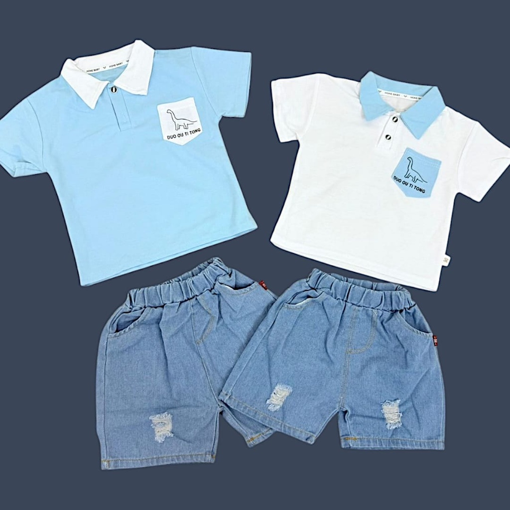 طقم بلوزة مع شورت جينز برسمة ديناصورات