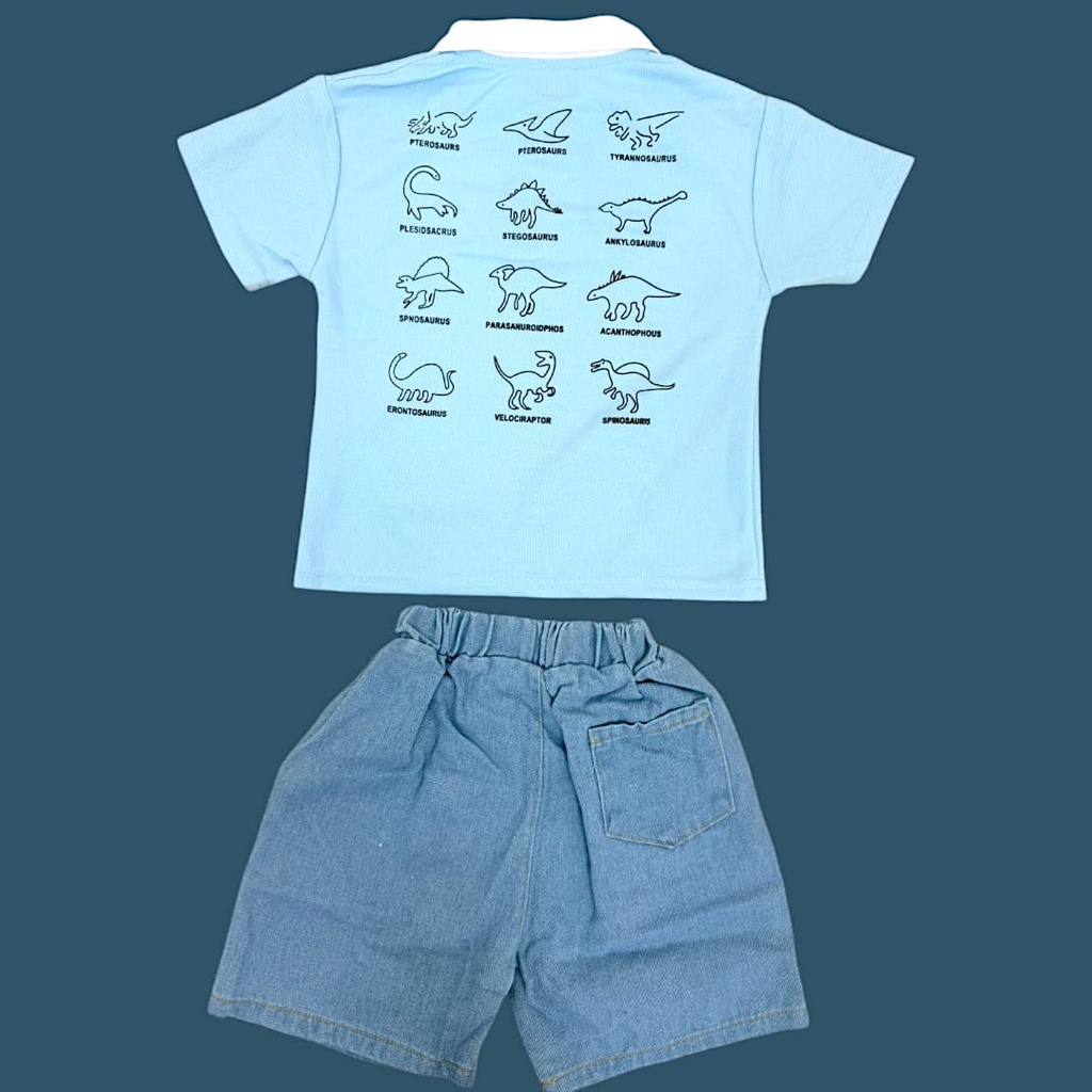 طقم بلوزة مع شورت جينز برسمة ديناصورات