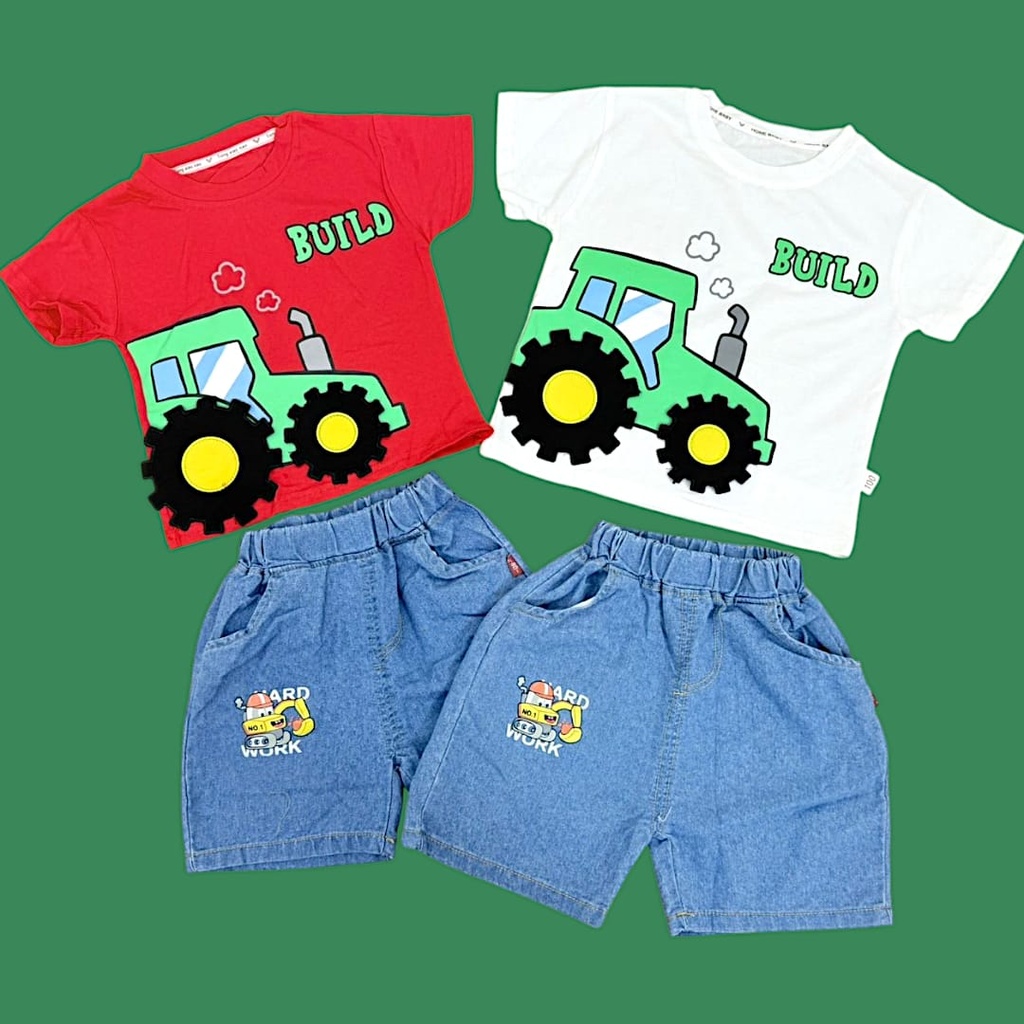 طقم ولادي بلوزة قطن مع شورت جينز برسمة سيارة 3D