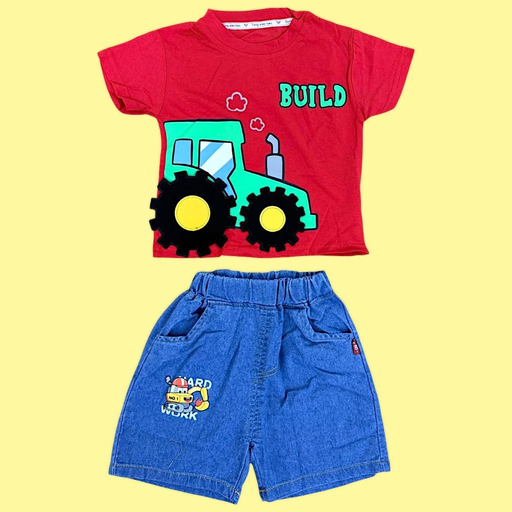 طقم ولادي بلوزة قطن مع شورت جينز برسمة سيارة 3D